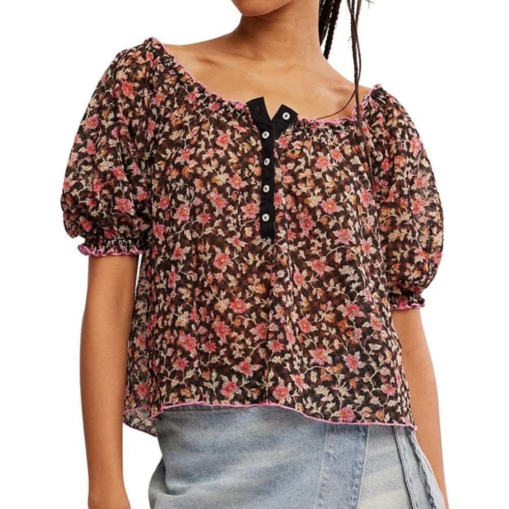 Free People Black and Pink Crop Blouse with Ruffled Short Sleeves